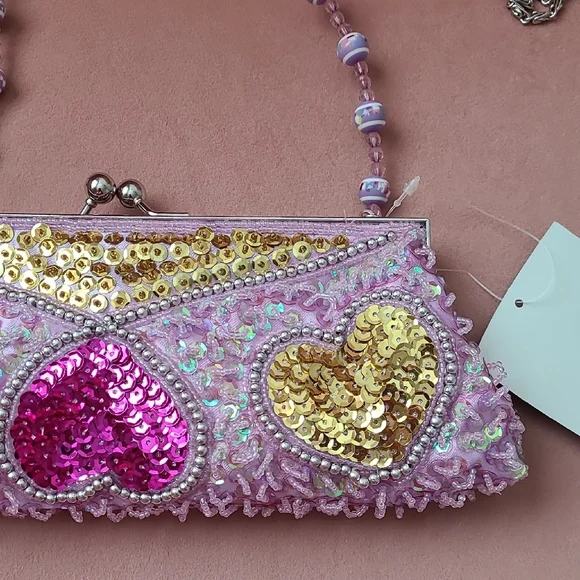 Pink and Gold Heart Beaded Clutch - Picture 6 of 12